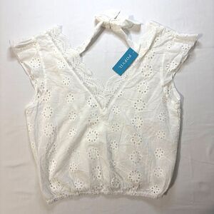 Popvil White Eyelet Lace Top Boho Cottagecore Flutter Sleeve Elastic Waist Small